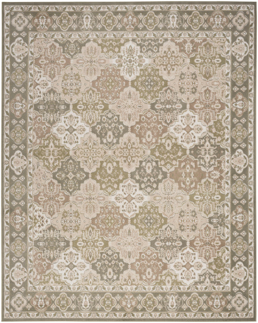 Neutral Oriental rug with ivory, beige, taupe and sage floral medallion pattern and decorative borders.