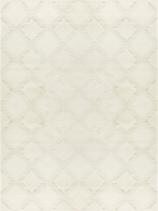 Ivory rectangular area rug with subtle beige diamond lattice pattern and soft woven texture.