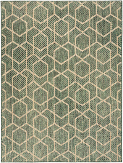 Rectangular teal woven rug with cream geometric hex lattice pattern; modern/contemporary decor, ideal for living room.