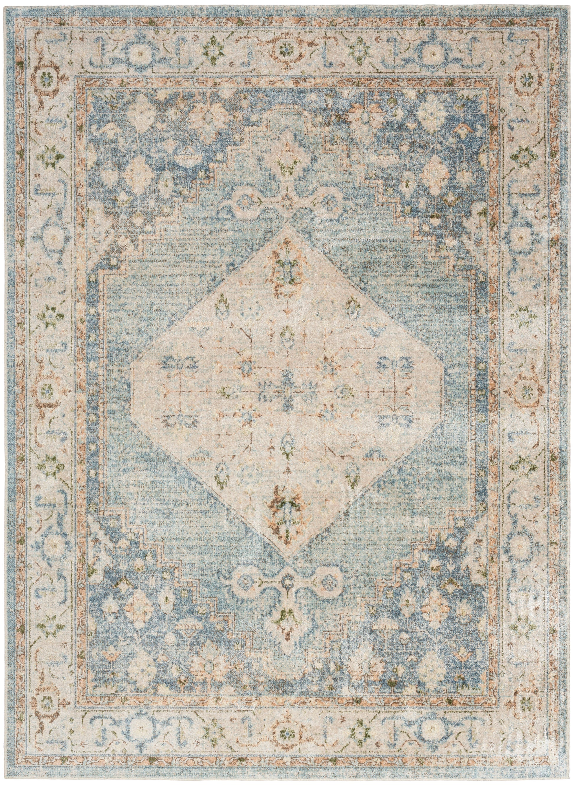 Rectangular vintage-style area rug with ivory central diamond medallion, blue distressed field, floral border.