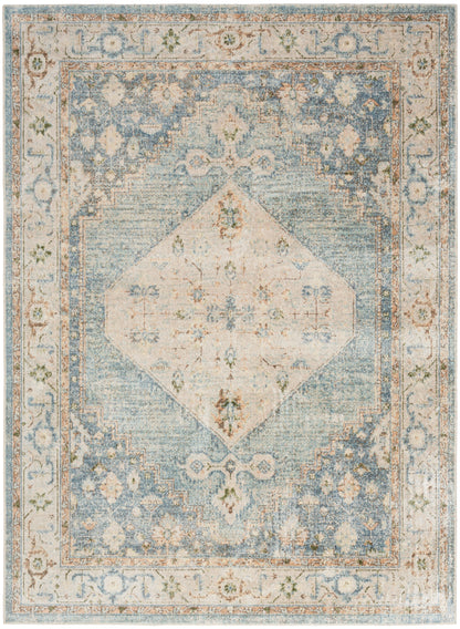 Rectangular vintage-style area rug with ivory central diamond medallion, blue distressed field, floral border.