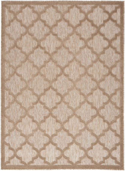 Warm beige and taupe woven area rug with repeating quatrefoil trellis pattern and border.