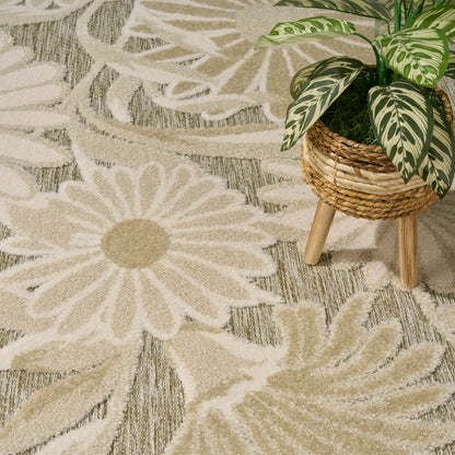 Beige shag rug with large white daisy floral pattern; potted green variegated plant in a woven rattan basket on wooden legs.