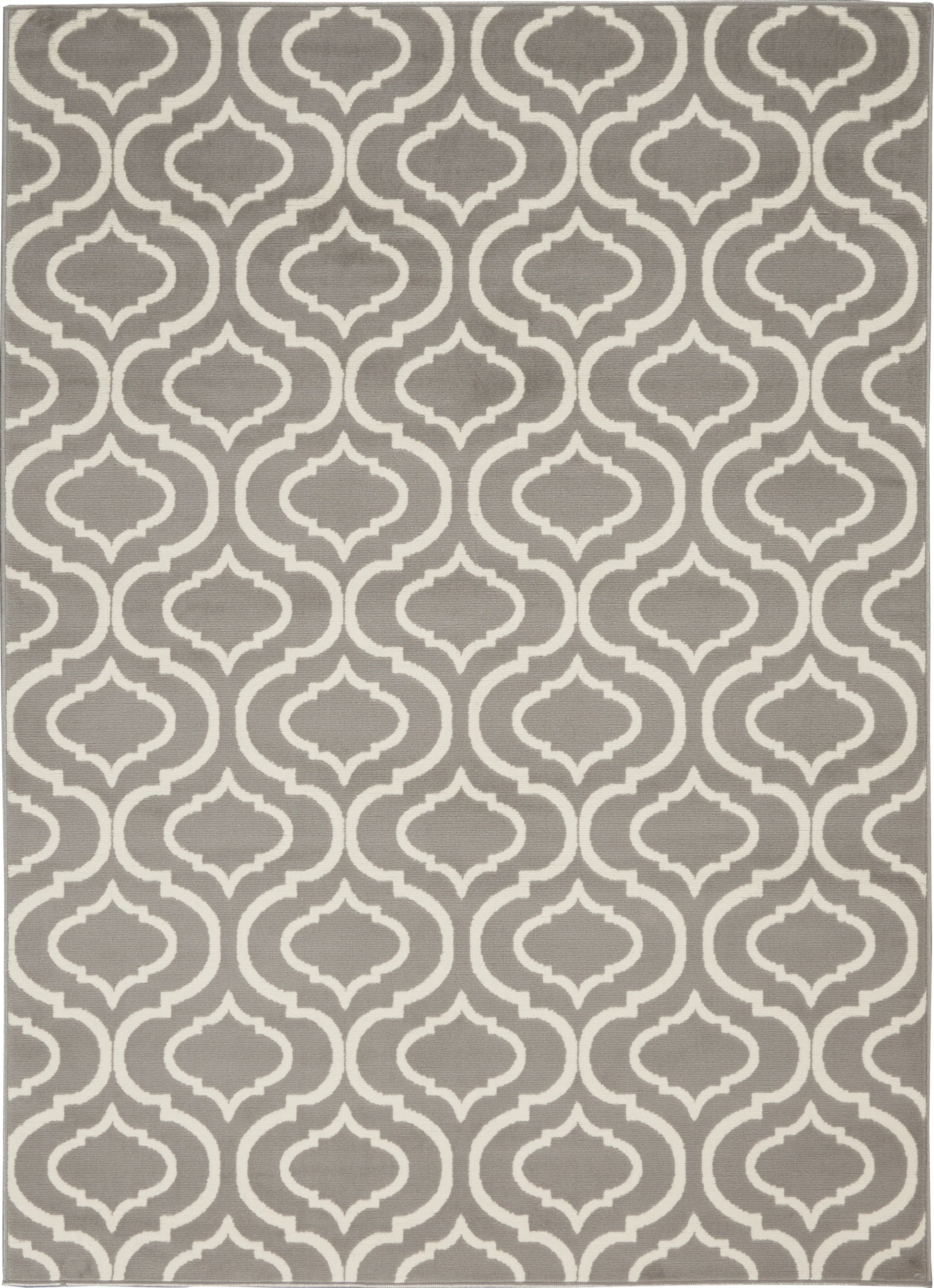 Rectangular taupe and ivory rug with repeating Moroccan-inspired trellis pattern; neutral modern classic.