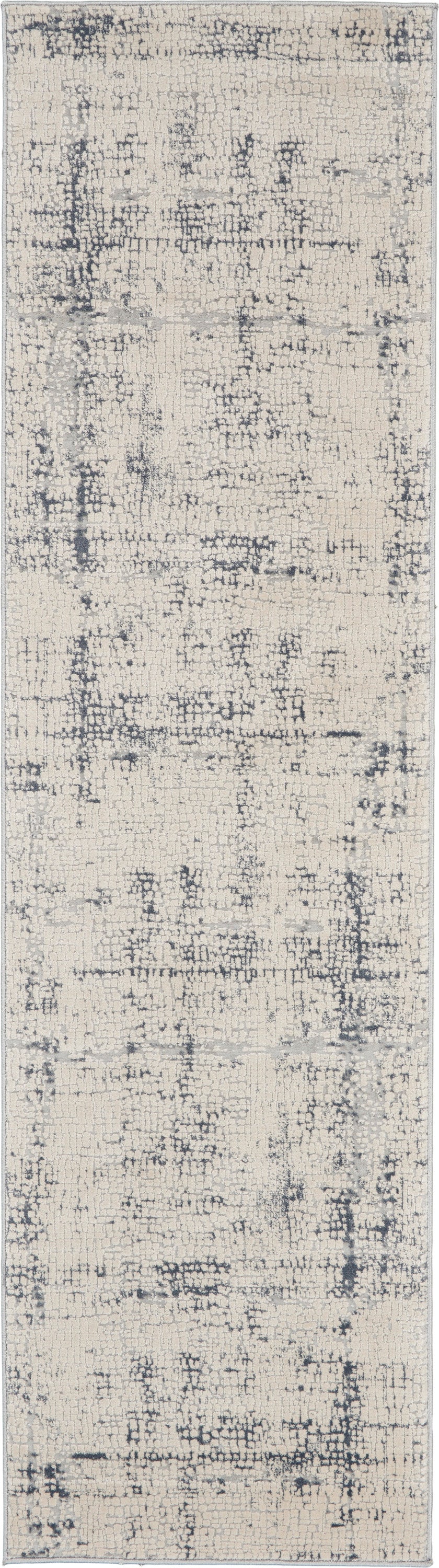 Cream beige distressed abstract pattern rug runner with gray accents, contemporary minimalist style.