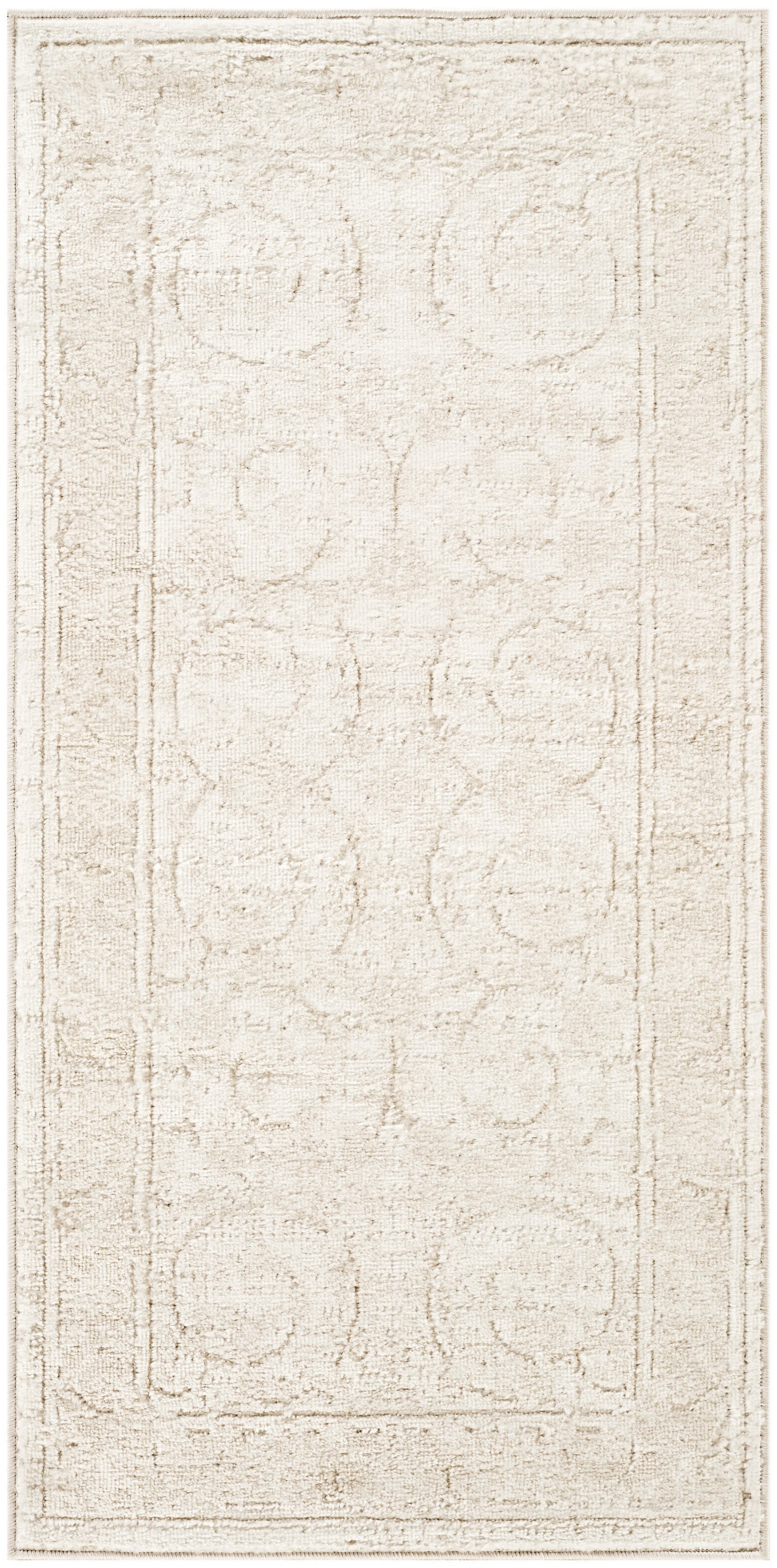 Rectangular cream rug with a subtle beige circular motif and a textured, distressed look; 2' x 4'.