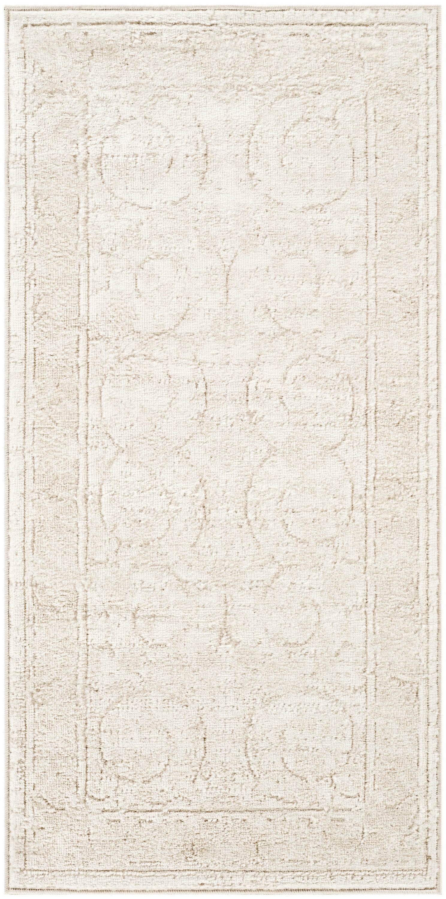 Rectangular cream rug with a subtle beige circular motif and a textured, distressed look; 2' x 4'.