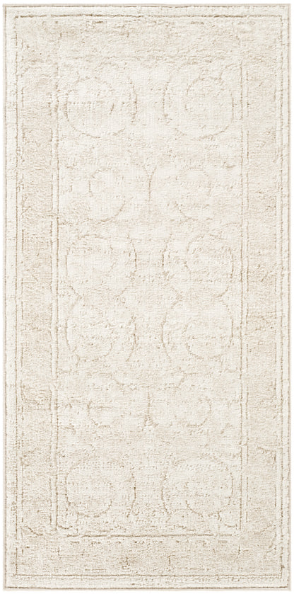 Rectangular cream rug with a subtle beige circular motif and a textured, distressed look; 2' x 4'.