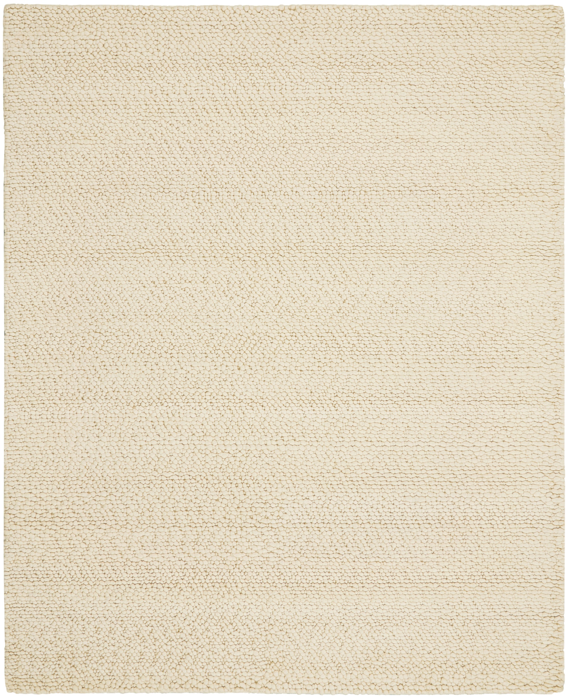 Cream boucle shag rug, rectangular, 8' x 10', soft textured pile, neutral beige color, cozy floor covering.