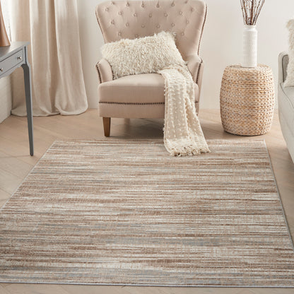 Beige modern rug with a striped neutral pattern, size 6' x 9'.