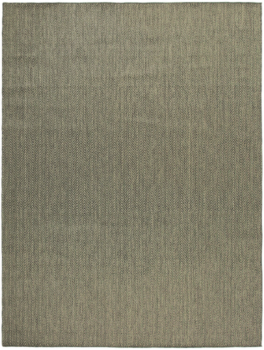 Olive green herringbone woven rug, low-pile with subtle brown undertones; rectangular living room floor decor.