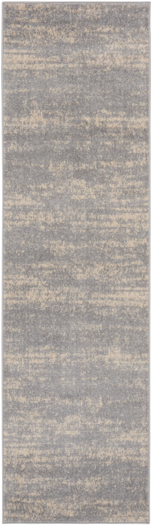 Soft gray and beige distressed abstract pattern rug runner; long rectangular hallway mat.