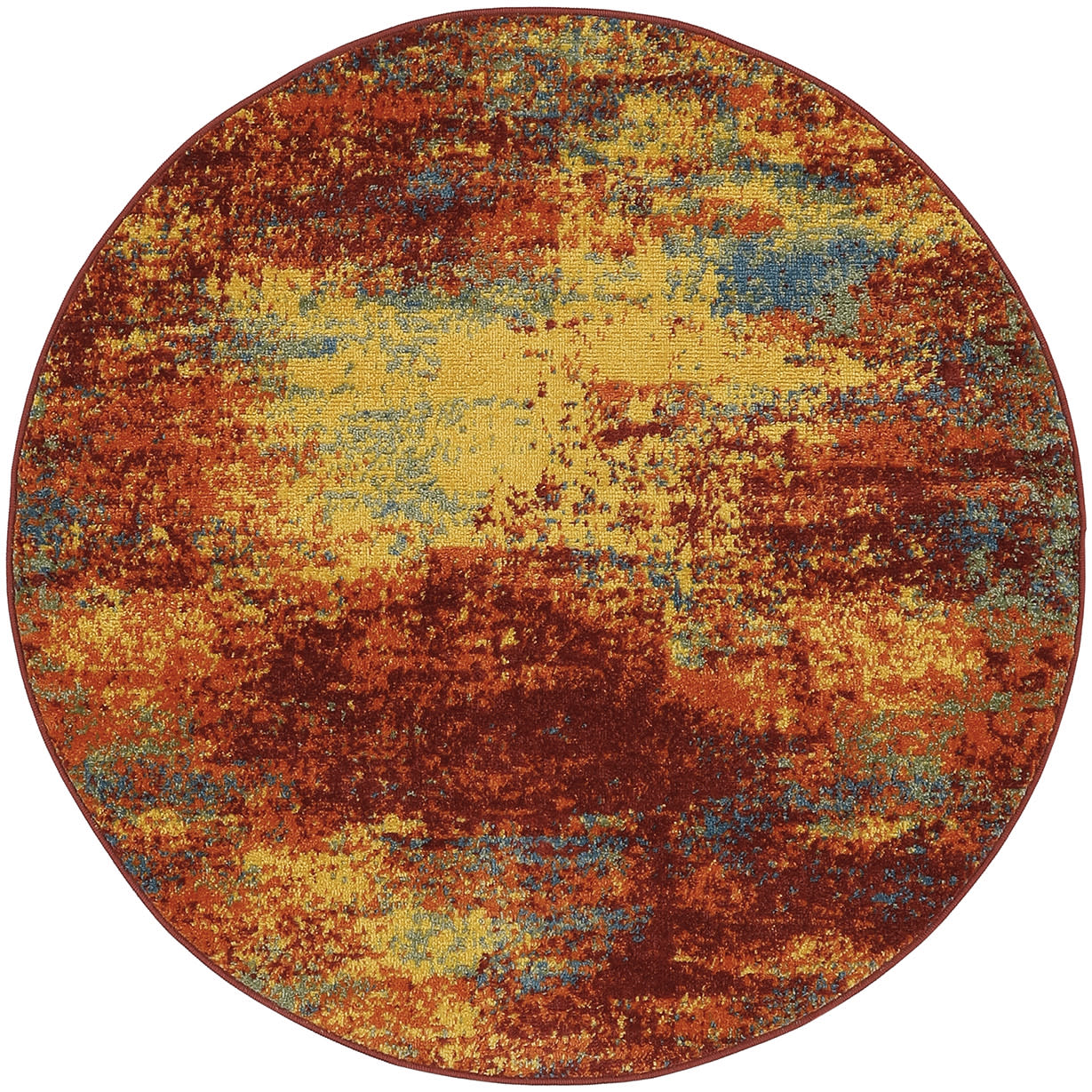 Round abstract rug with burnt orange, yellow and blue patches in a distressed multicolor pattern.