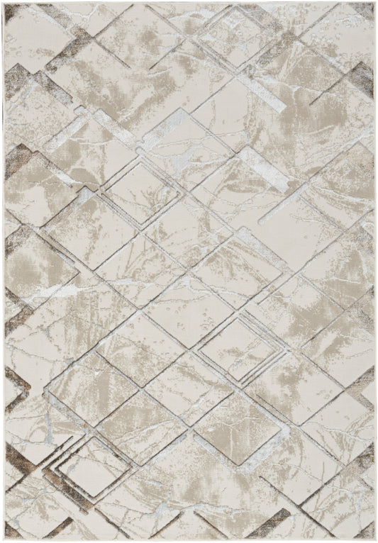 Beige distressed tile-pattern rug with a diamond grid and subtle metallic sheen; 4' x 6'.