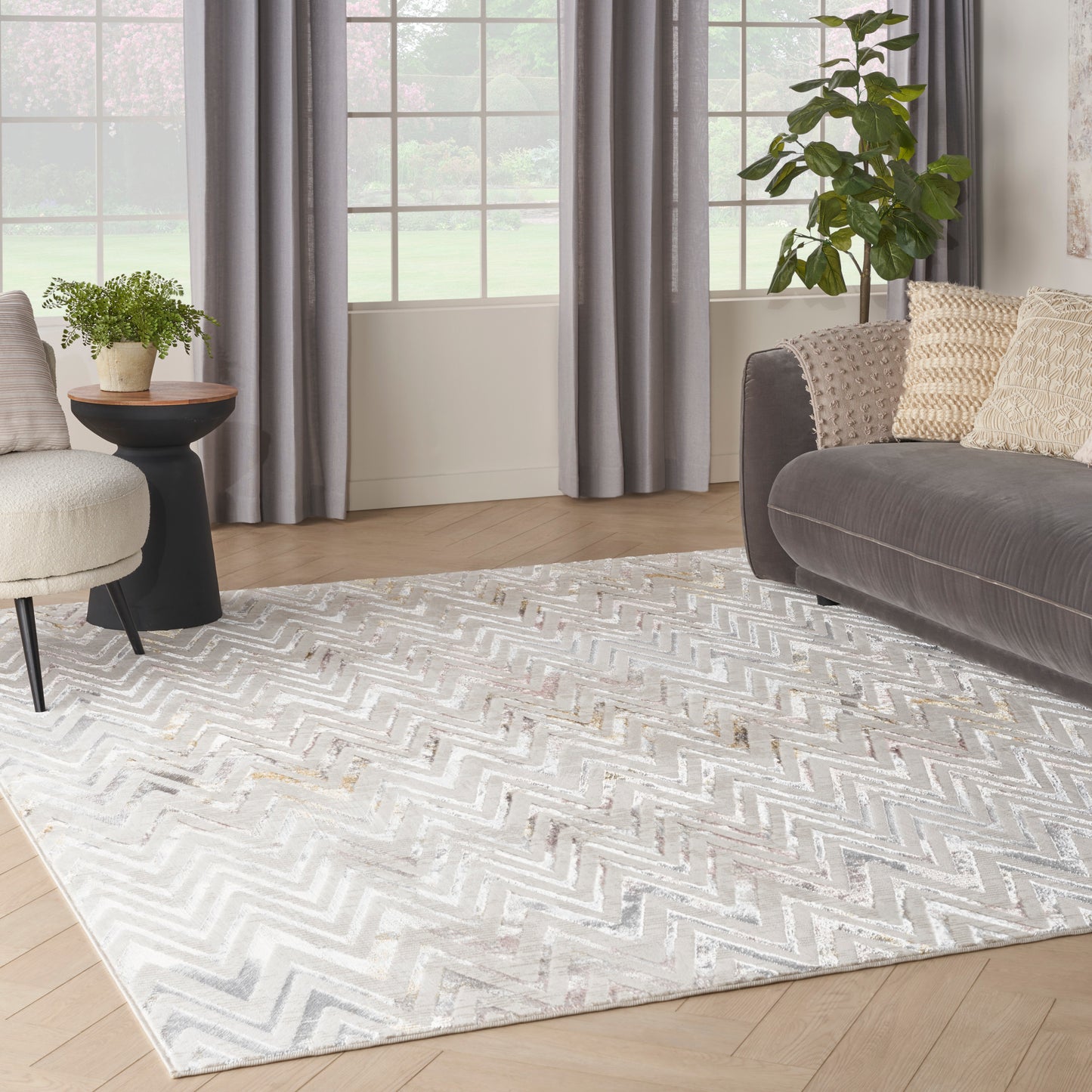 8’ x 10’ Nourison Glitz multicolor abstract area rug with shimmering accents, jewel tone modern glam design, oversized luxury living room rug, contemporary statement carpet for dining room or bedroom décor.
