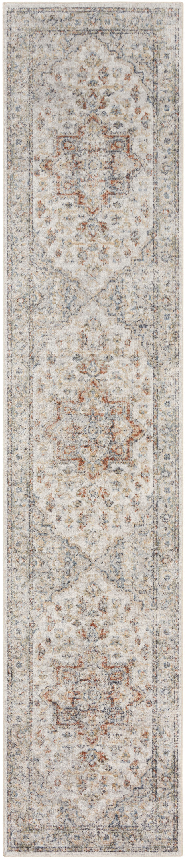 Muted beige oriental runner rug with faded gray medallions, rust accents and ornate borders.