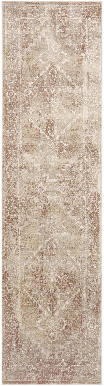 Beige distressed Persian-style rug runner with subtle geometric medallions and a soft antique look.