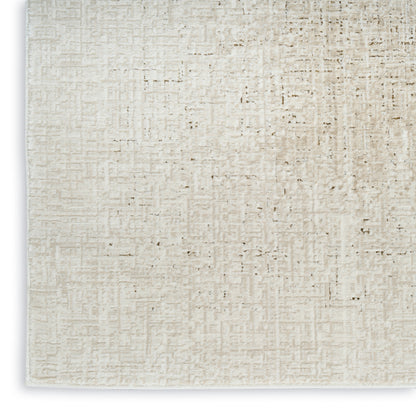 Beige rug with linen-like texture and subtle woven grid pattern, 4' x 6'.