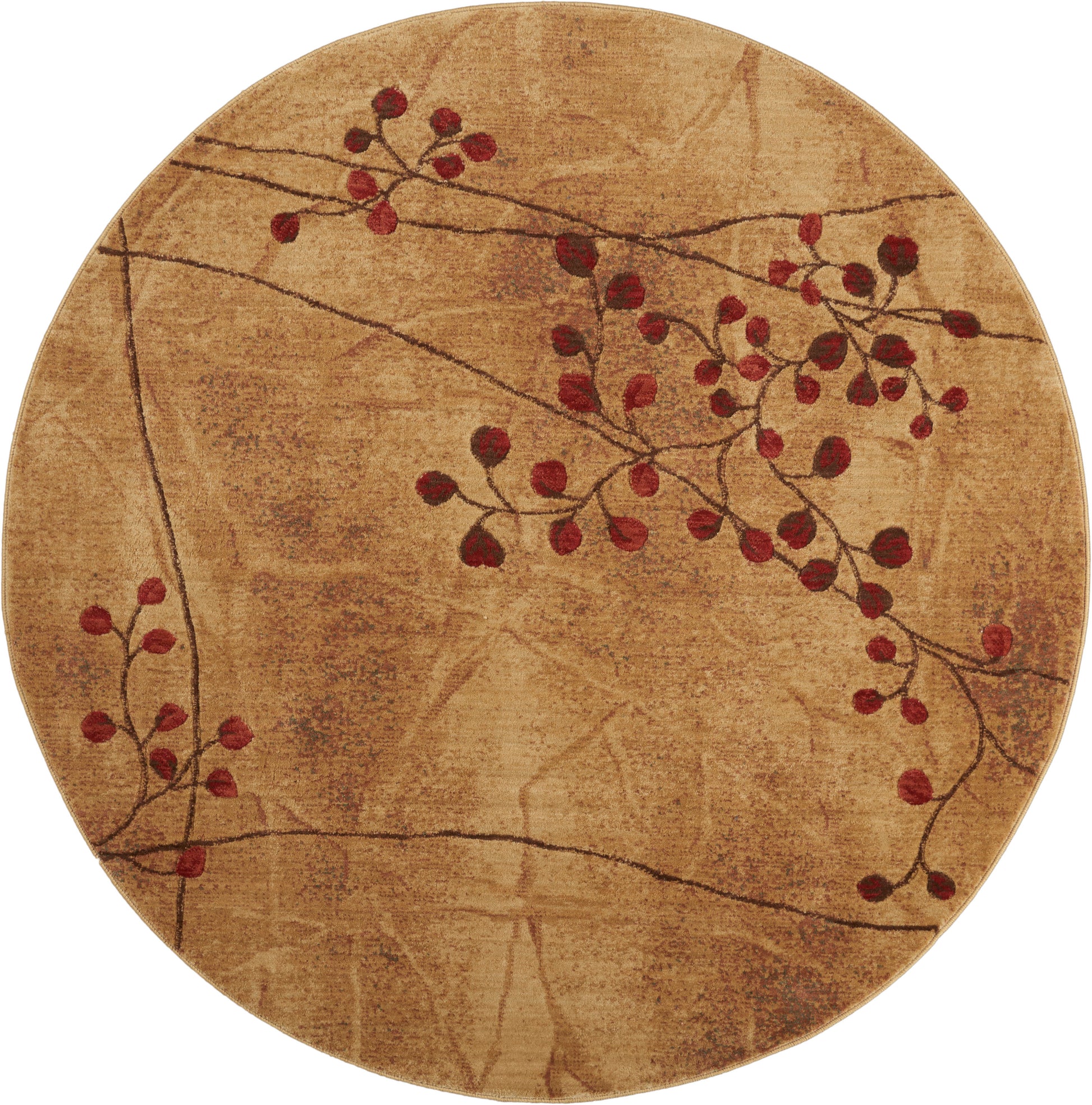 Round beige rug with distressed texture and crimson berry branch motif.