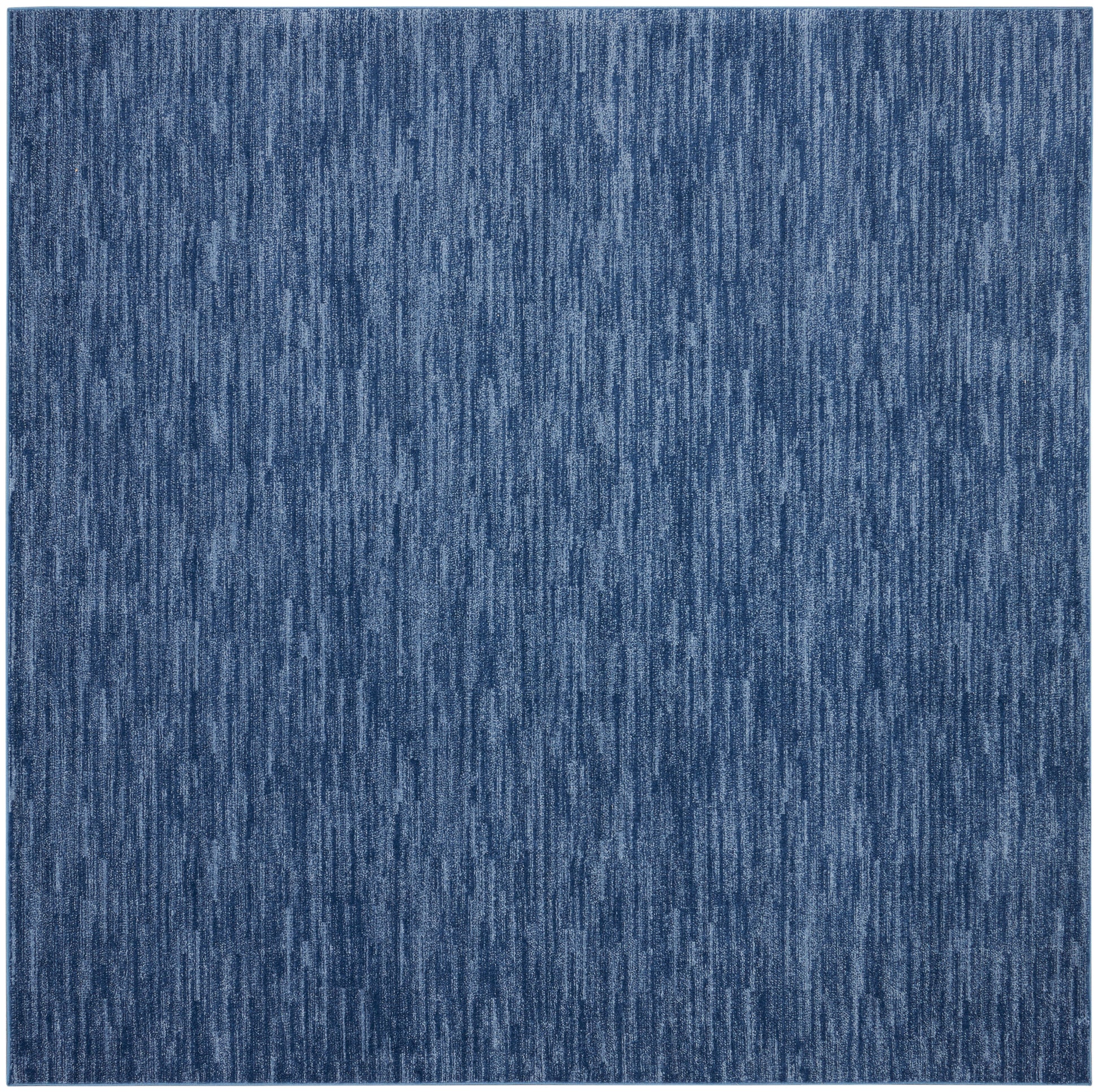 Blue denim-style outdoor rug with a vertical heathered texture; square 9' x 9'.
