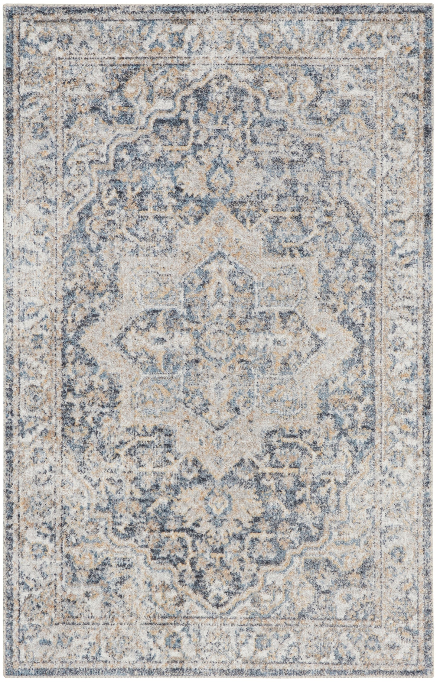 Rectangular blue-gray and ivory distressed Persian-style area rug with central medallion and floral border.