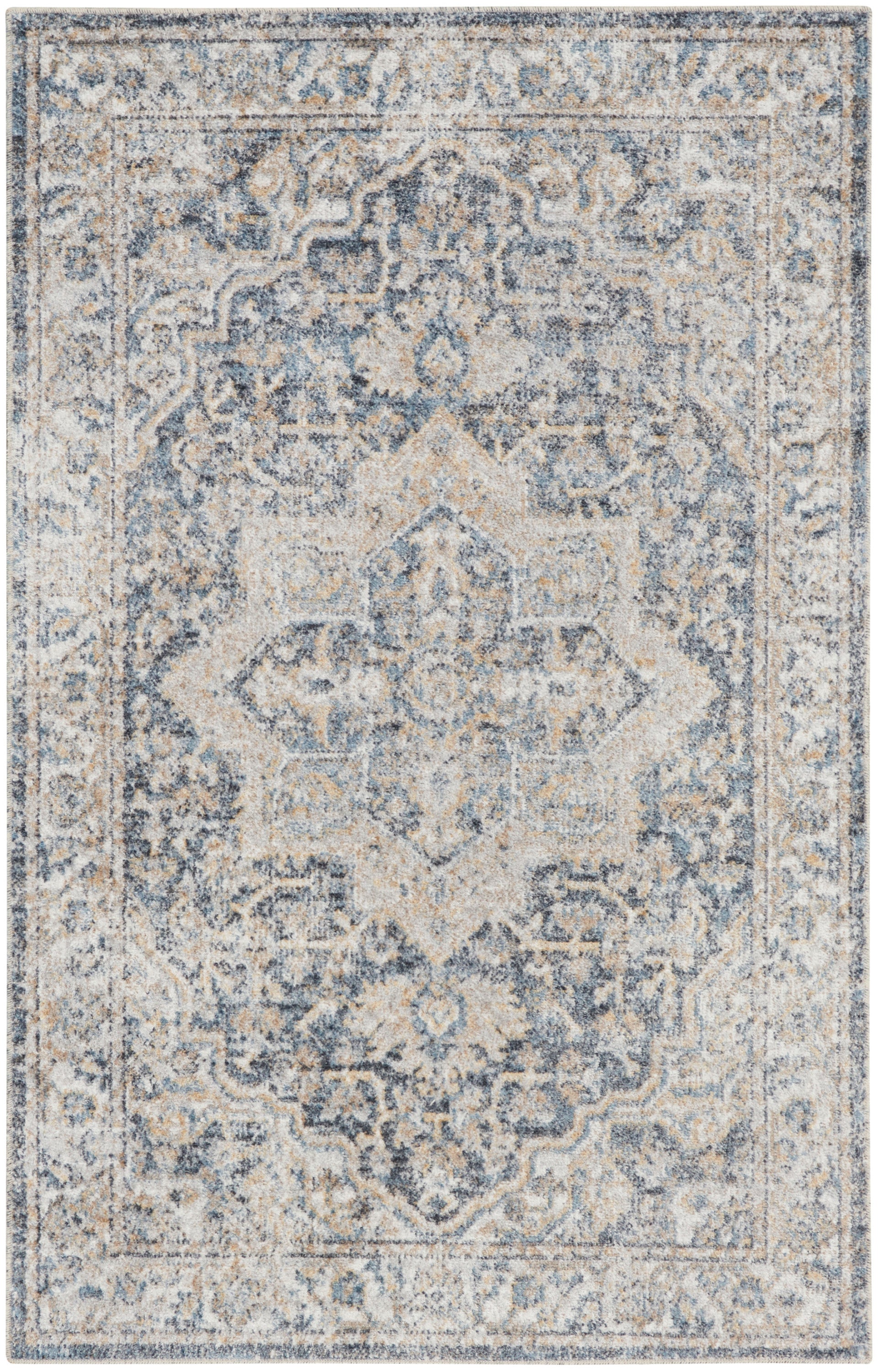 Rectangular blue-gray and ivory distressed Persian-style area rug with central medallion and floral border.