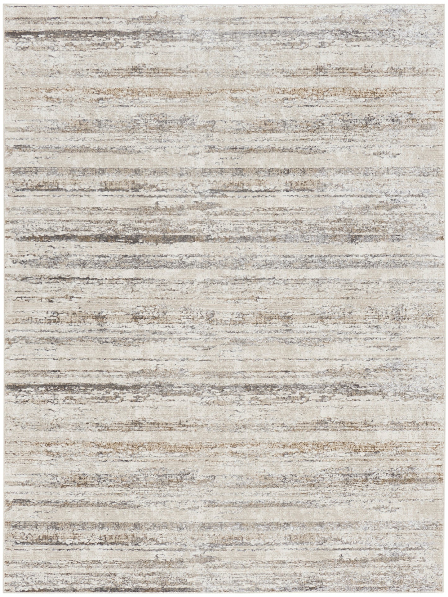 Neutral beige and gray area rug with subtle irregular horizontal stripes.