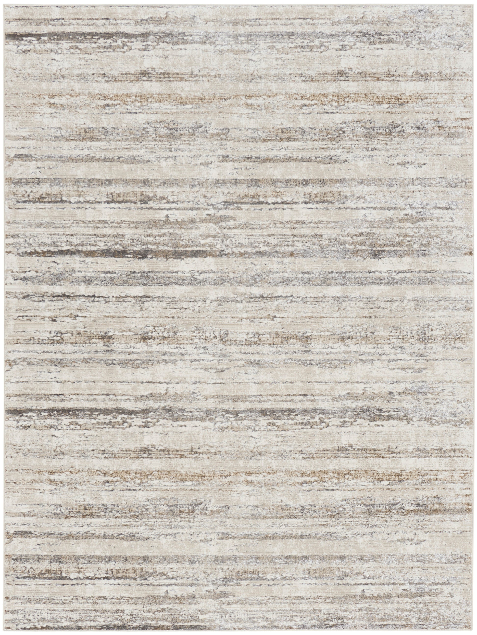 Neutral beige and gray area rug with subtle irregular horizontal stripes.
