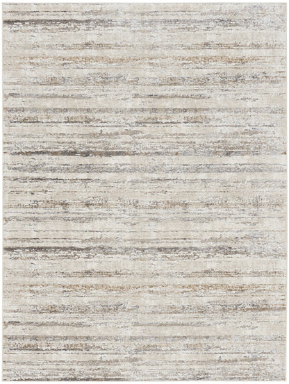 Neutral beige and gray area rug with subtle irregular horizontal stripes.