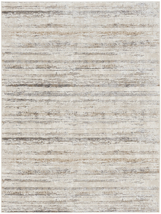 Neutral beige and gray area rug with subtle irregular horizontal stripes.