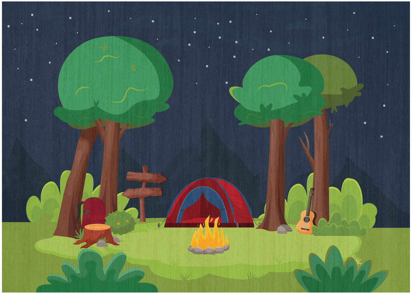 Night camping scene with red-blue tent, glowing campfire, guitar by a tree, backpack, signpost, and lush forest under stars.