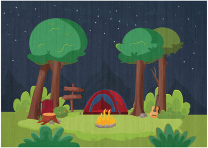Night camping scene with red-blue tent, glowing campfire, guitar by a tree, backpack, signpost, and lush forest under stars.