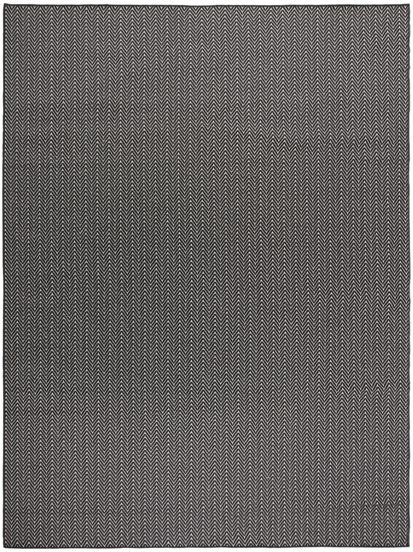 Rectangular charcoal and ivory herringbone woven rug for living spaces.