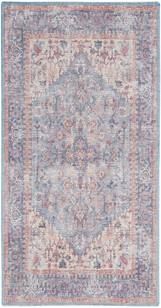 Rectangular vintage-style oriental rug in blue, ivory and pink, with a central medallion and ornate floral borders, size 3' x 5'.