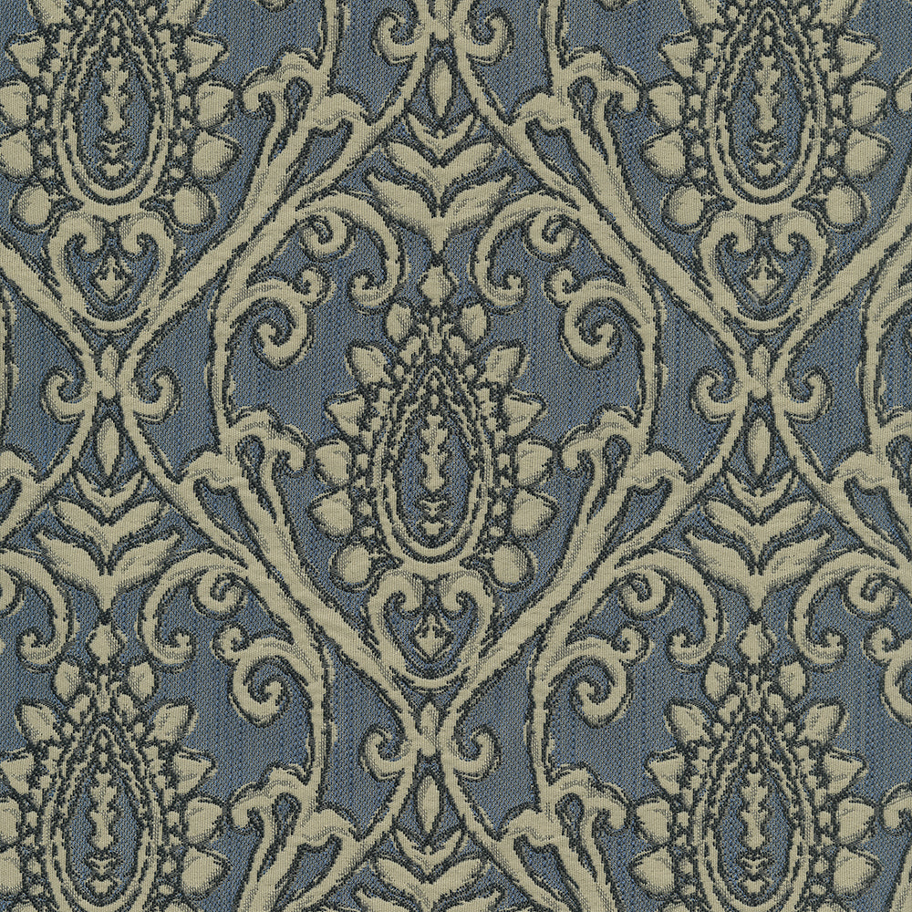 Blue damask fabric pattern with beige ornamental scrolls and medallion motifs.