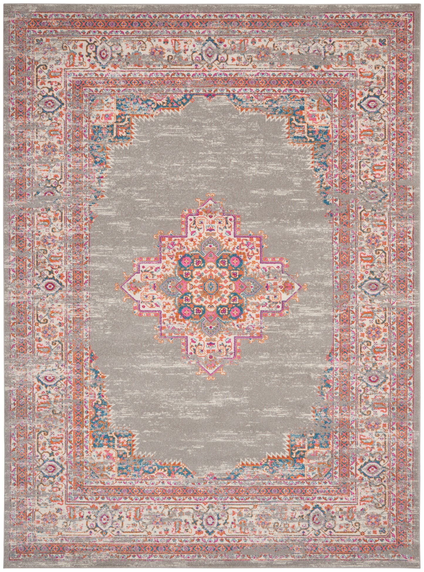 Gray distressed oriental area rug with a pink-teal central medallion and ornate multicolor borders.