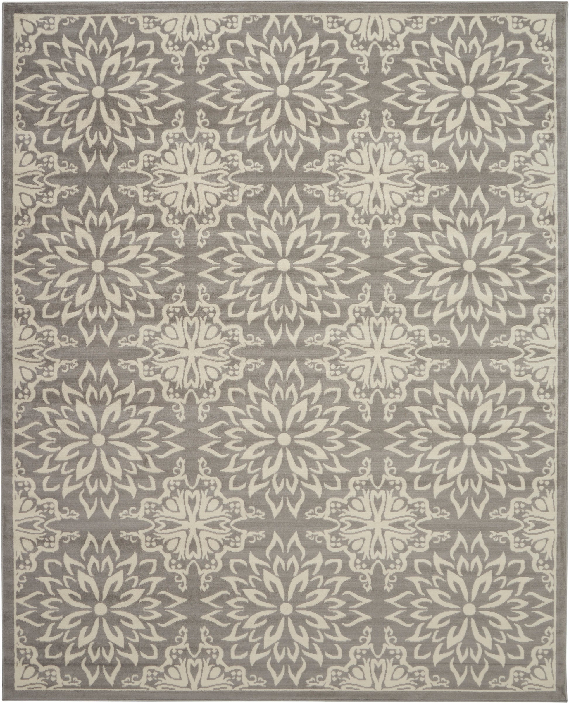 Gray rug with cream mandala floral medallions in a repeating pattern and decorative border.