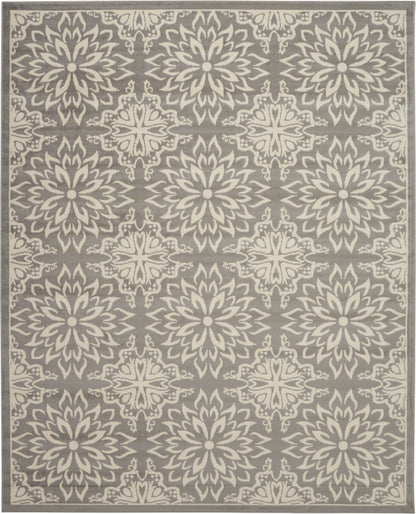 Gray rug with cream mandala floral medallions in a repeating pattern and decorative border.