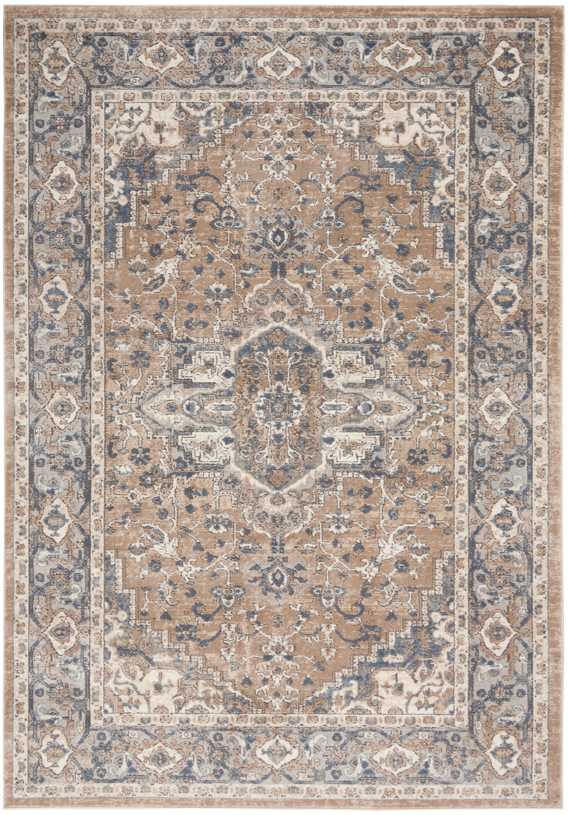 Beige oriental area rug with blue-grey border and ivory accents, intricate floral medallion center, 5' x 7'.