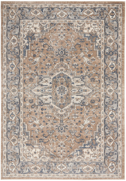 Beige oriental area rug with blue-grey border and ivory accents, intricate floral medallion center, 5' x 7'.