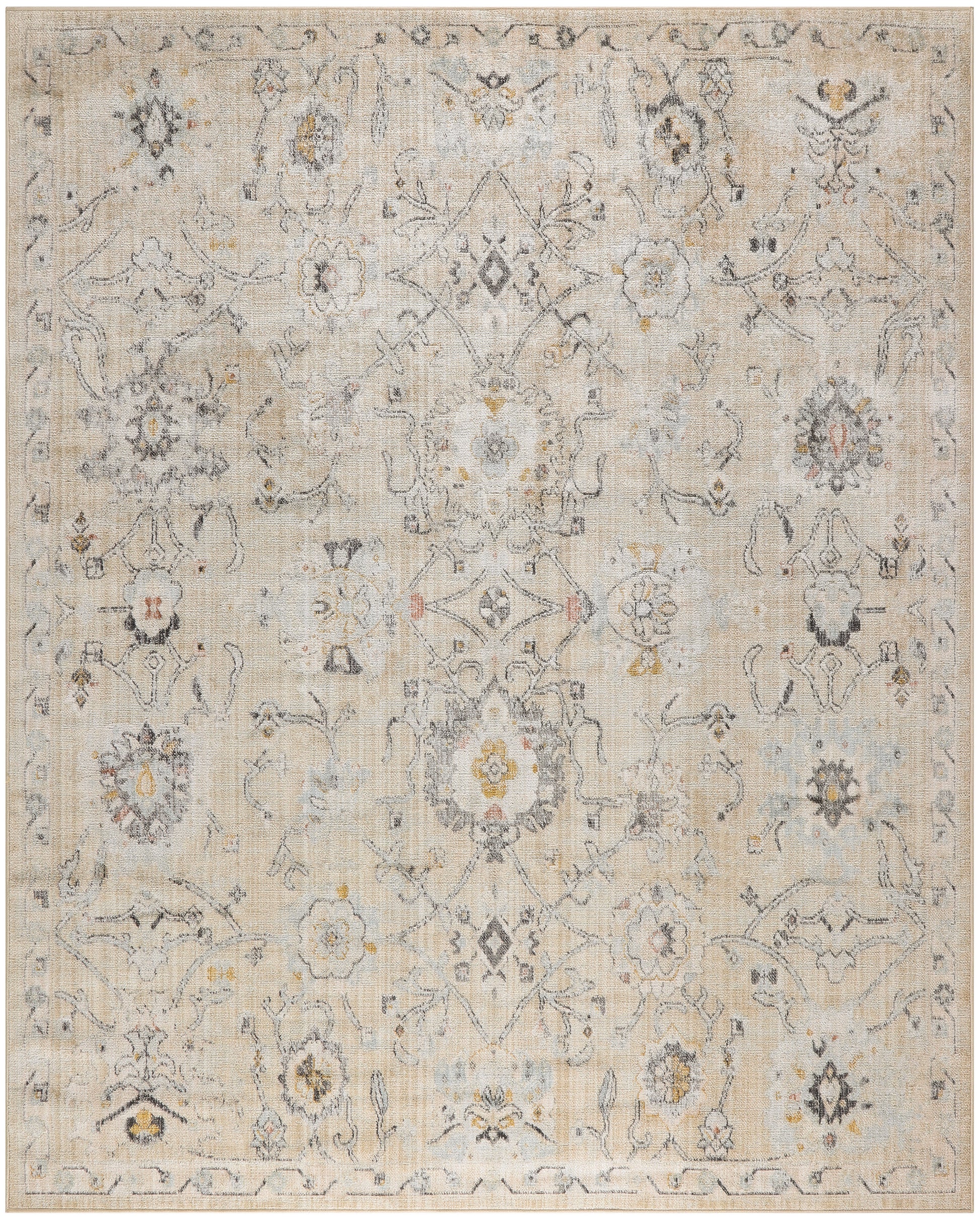 Distressed beige area rug with pale blue-gray floral medallions and antique Persian-inspired pattern; yellow accents.