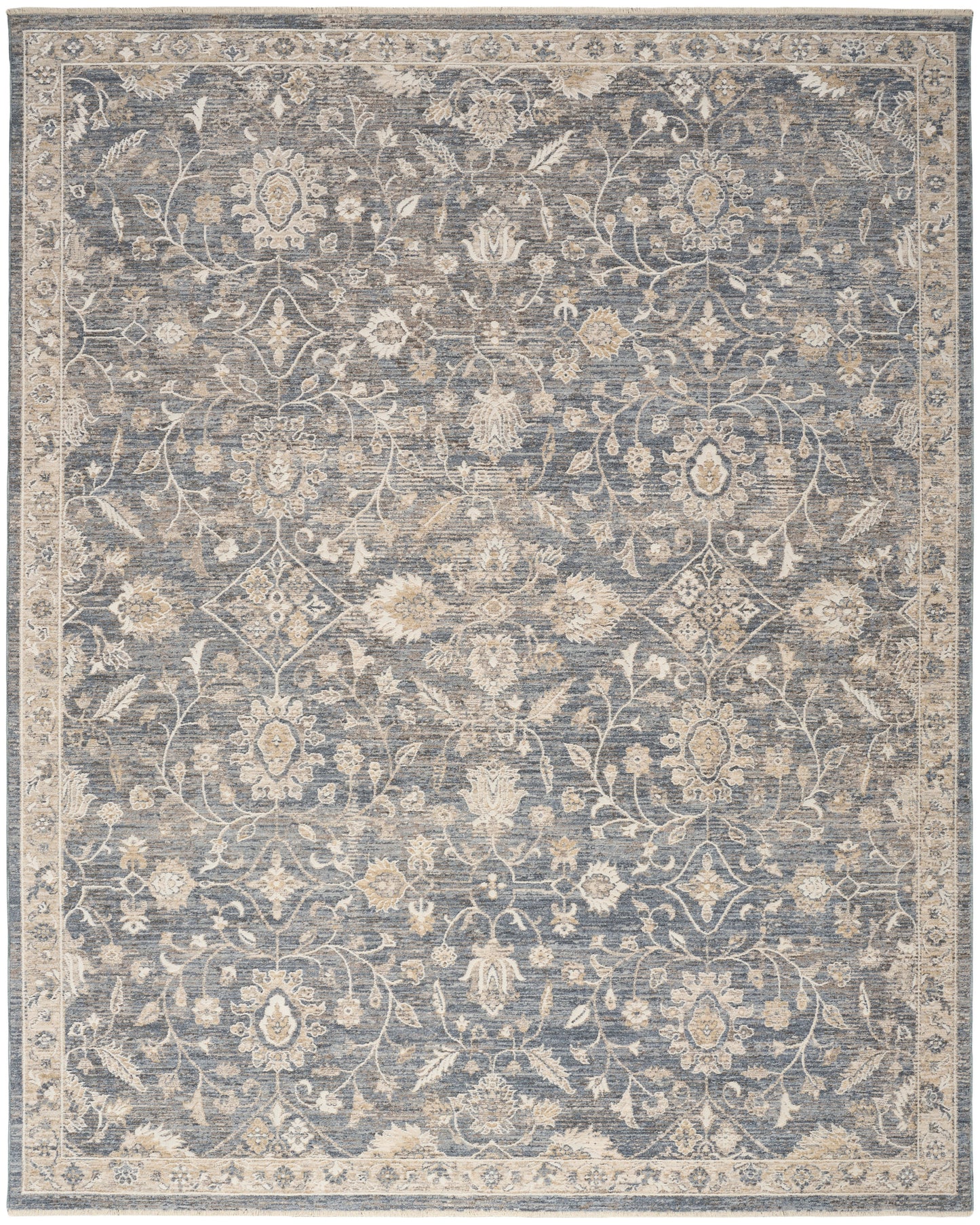 Blue-gray traditional area rug with ivory floral damask pattern and scrolling border.