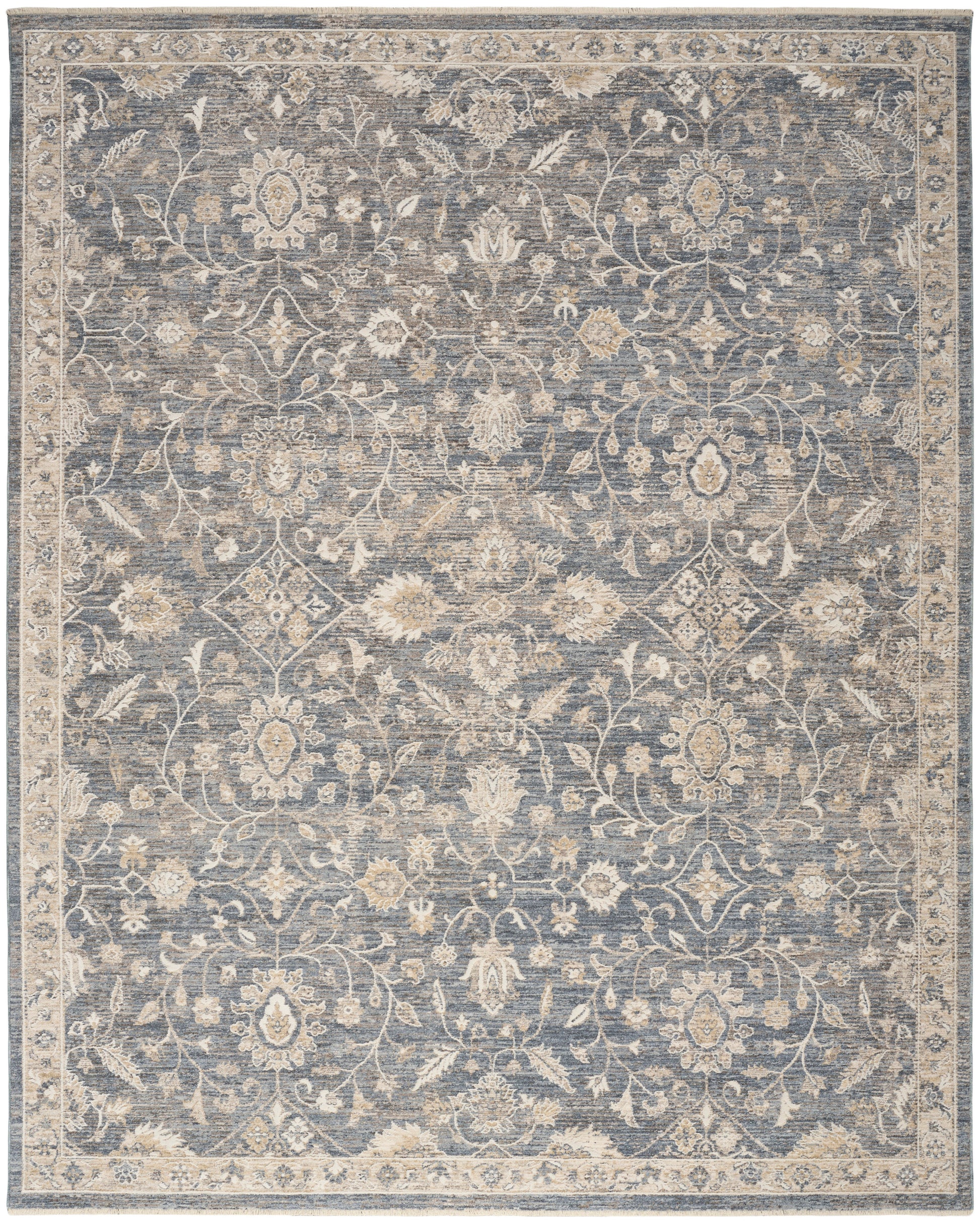 Blue-gray traditional area rug with ivory floral damask pattern and scrolling border.
