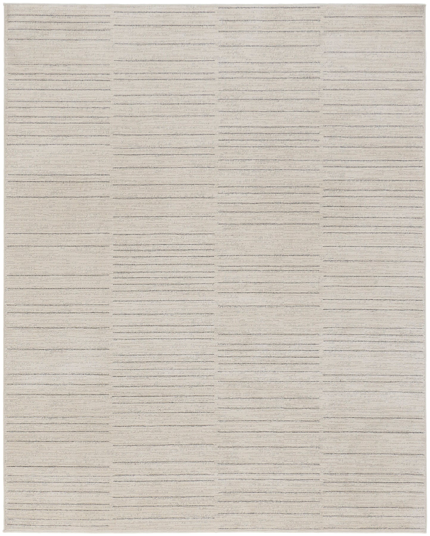 Neutral beige area rug with a soft woven texture and subtle, evenly spaced horizontal stripes.