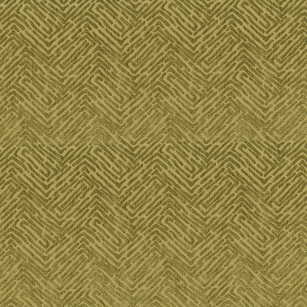 Gold-olive chevron geometric pattern on grass velvet fabric with metallic sheen and repeating zigzag design.