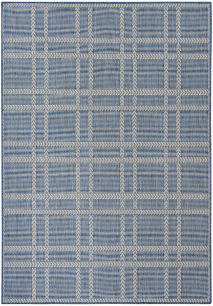 Blue flat-weave rug with cream braided rope grid pattern forming square panels.