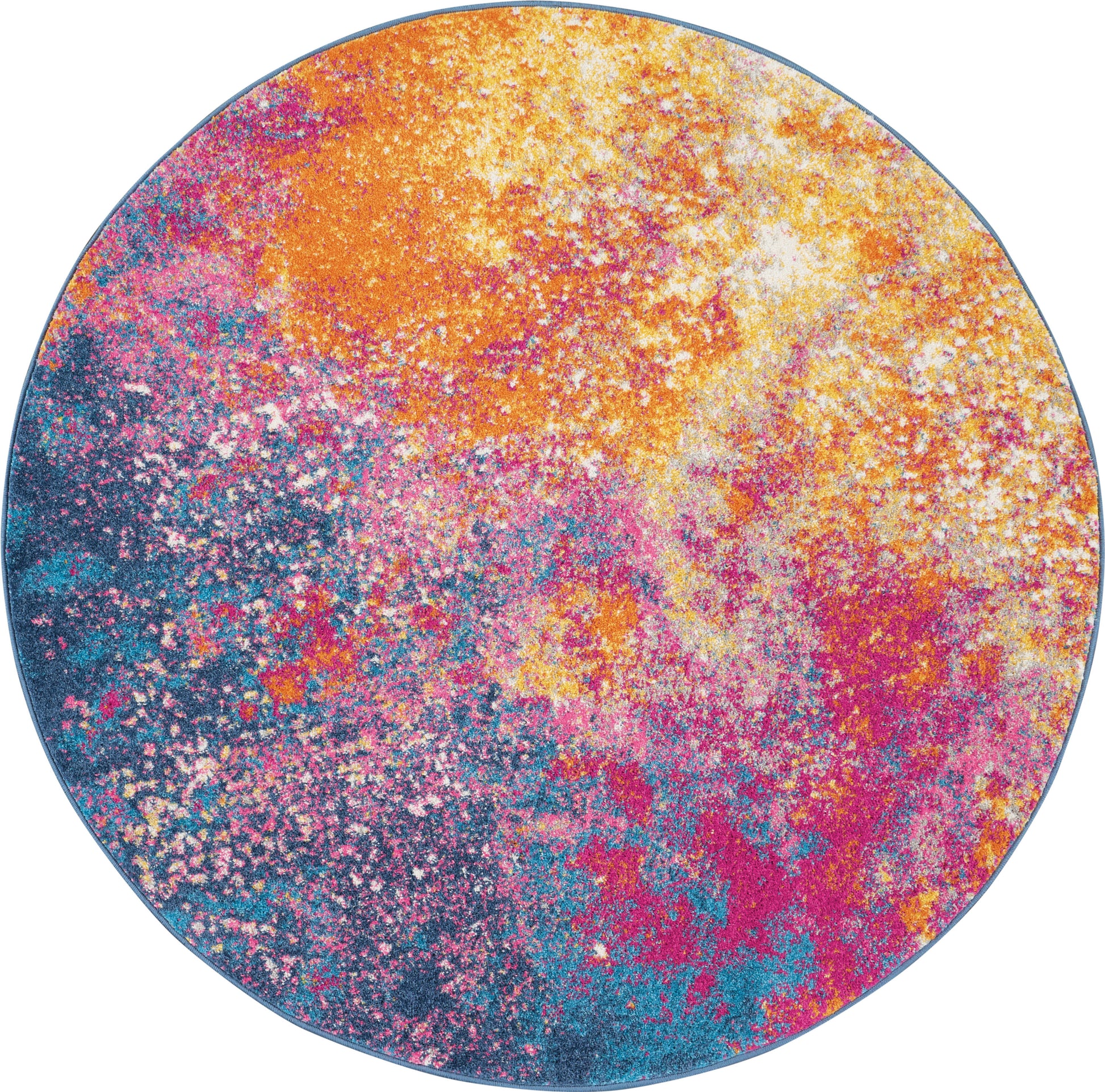 Round rug with vibrant powder-splatter pattern in orange, pink, blue and purple.