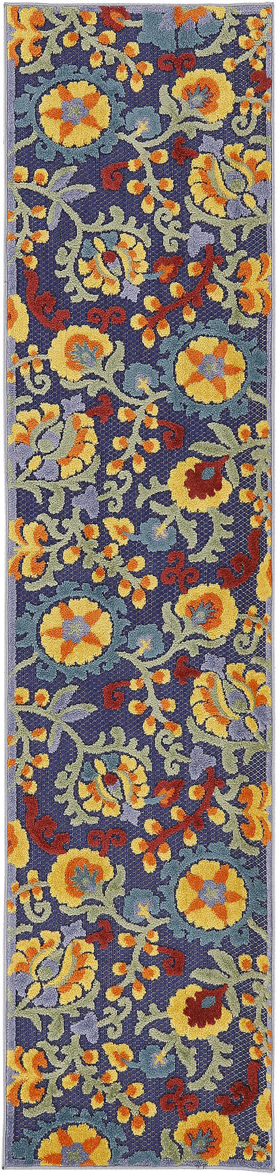 Navy blue floral runner rug with bright yellow and orange blossoms, teal and green leaves, ornate scrolling pattern.