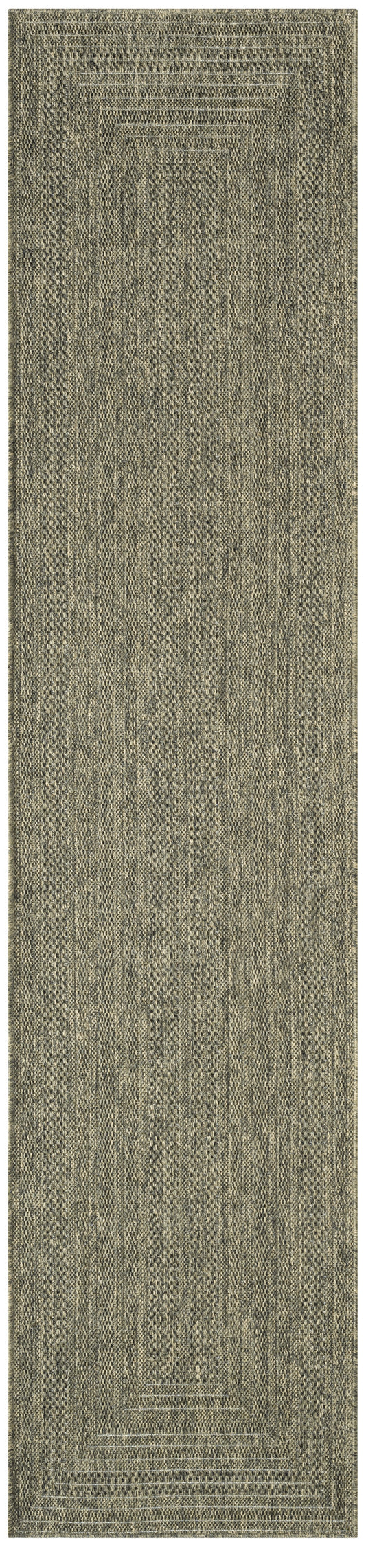 Neutral beige-gray woven outdoor runner rug with textured surface and stepped geometric border; ideal for patios and outdoor walkways.