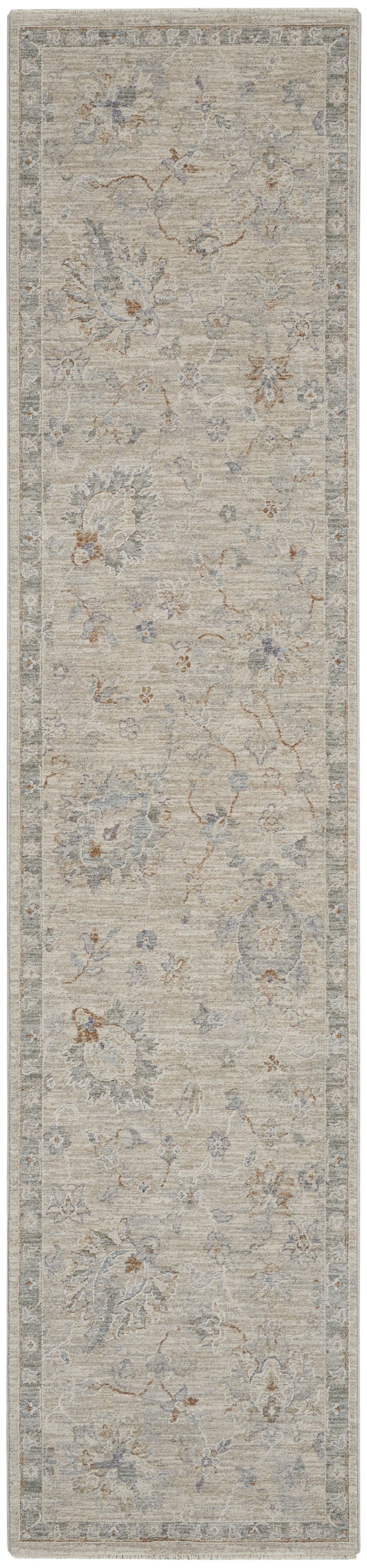 Beige floral runner rug with muted blue accents and decorative border; vintage, long narrow shape.